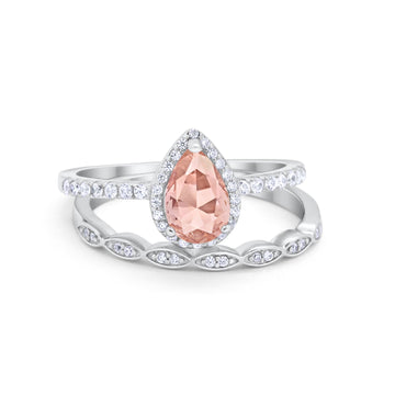 Art Deco Teardrop Piece Wedding Ring Simulated Morganite CZ 925 Sterling Silver